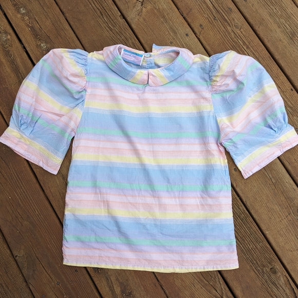 Vintage Tops - Vtg 80s cotton pastel rainbow blouse with puff sleeves